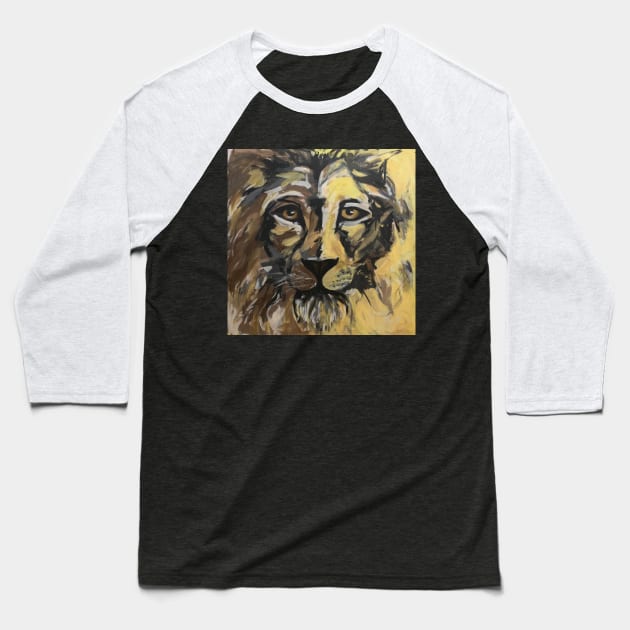 Abstract Lion Face Yellow Brown Painting Baseball T-Shirt by angieslittleart